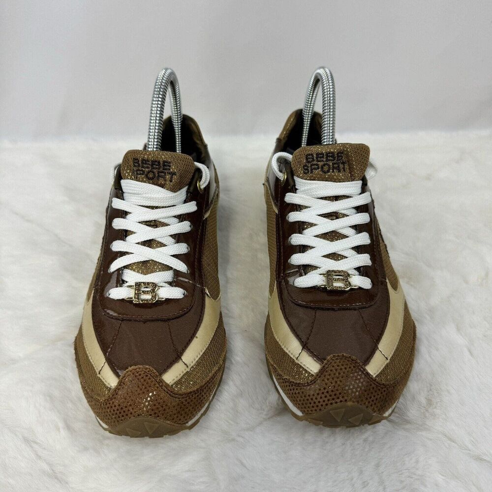 Women’s BEBE Sport Gym Shoes Brown/Gold Leather/Synthetic Upper Size 8 - Picture 2 of 12